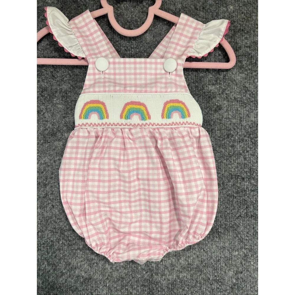 Classic Whimsy Pink Gingham Smocked Rainbow Bubble Romper - Size 6M